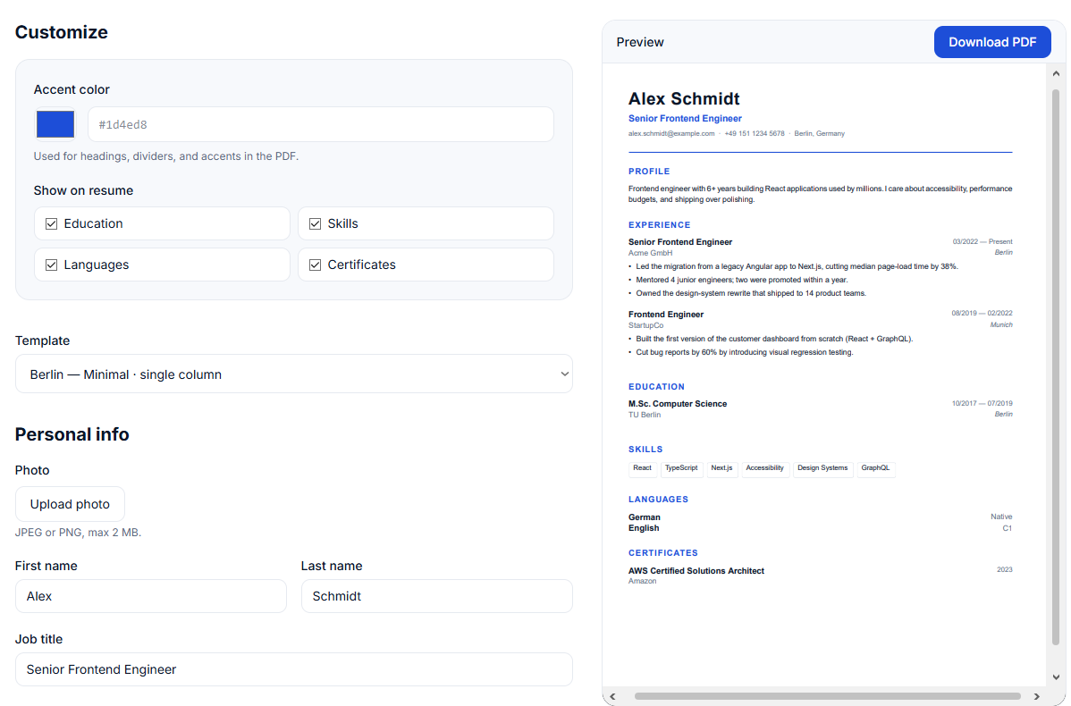 Screenshot der Resumely-Builder-Oberfläche